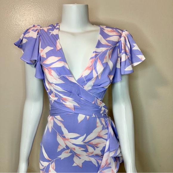 Purple pink asymmetrical hem with ruffles cutout maxi dress - Picture 3 of 11